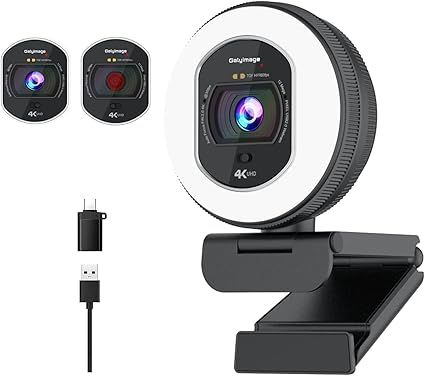 4K Webcam with Ring Light Web Cam 4K Autofocus with TOF Computer Camera 1080P 60FPS Web Camera Built-in Privacy Cover and Microphone Streaming Webcams for Zoom/Skype/Google Meet