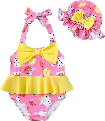 Kucnuzki Baby Girl Swimsuit Newborn One Piece Bathing Suit Bow Tie Bikini Tankini Infant Swimwear with Hat