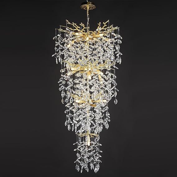 YUYI 47'' Long Crystal Chandelier for High Ceiling, 25-Light Modern Gold Tree Branch Chandelier, Large Chandeliers for Staircase Foyer Entryway Living Room, 4-Tier Luxury K9 Raindrop Light Fixture
