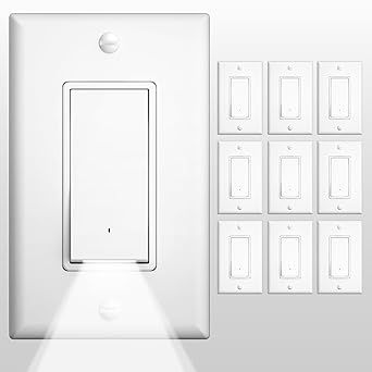 Amico Single Pole Light Switch with Night Light, UL Listed, LED Guide Light Wall Switch for Hallway Bedroom Bathroom, 6000K Built-in Nightlight, Residential Use, 15Amp 120/277V, White, 10 Pack