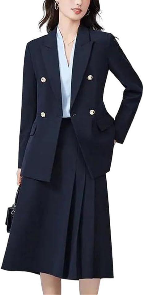 Business Professional Women's Long-Sleeve Double-Breasted Blazer and High-Waisted Pleated Midi Skirt Set