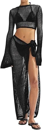 Women's Swimsuits Cover Ups Set for Crochet Bathing Suit Hollow Out 2 Piece Bikini Coverup Beach Swimwear