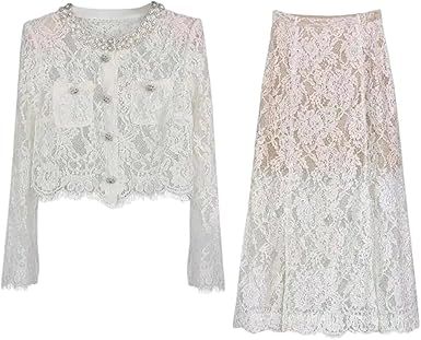 Women Long Evening Dresses Lace 2 Piece Skirt Sets Crystal Jacket Coat Midi Long Skirt Suits