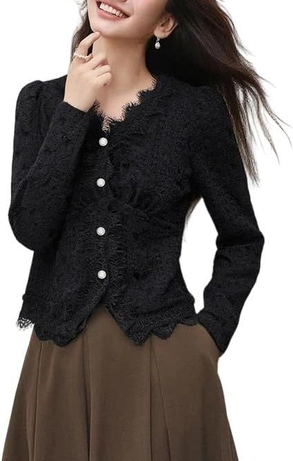 Women's Elegant V-Neck Lace Shirt Warm Lined Blouse with Pearls Buttons Long Sleeve Knit Pullover Top