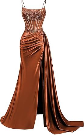 Beaded Satin Prom Dresses Long Mermaid Evening Dresses Lace Applique Corset Formal Party Gown with Slit Tail