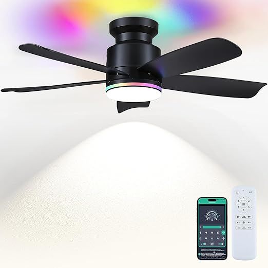 Ceiling Fans with Lights and Remote/APP Control, 41 inch Low Profile Ceiling Fan, 3 CCT LED Dimmable White Lights + RGB Ring Lights, 5 Reversible Plastic Blades 6 Speeds for Kidsroom, Black