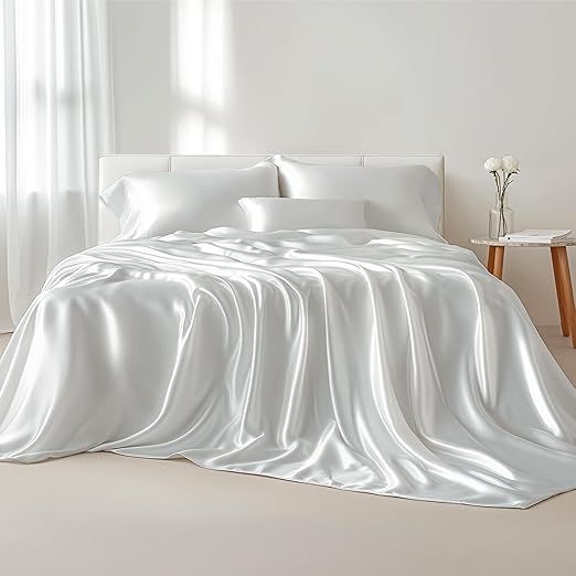 100% Mulberry Silk Sheet Set - 22 Momme Grade 6A, 16-18 Inch Deep Pocket, Indulgent Sheets for Dreamlike Comfort, Full XL-White