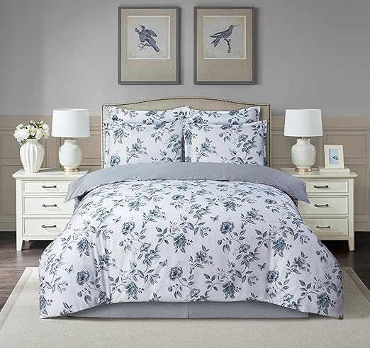Majestic Giftware Madison Linen 8-Piece Twin Size Bedding Set (BL100-T-1) | Amalfi Orchard - Blue 300 Thread Count Cotton Sateen | 2 Fitted Sheets, 2 Duvets, 4 Pillowcases | Soft & Luxurious