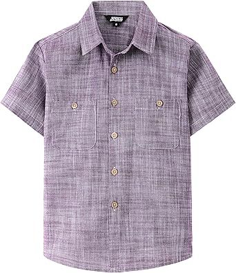 JOGAL Boys Chambray Shirts Short Sleeve Button Down Casual Cotton Woven Shirt with Two Pockets for Kids 6-14 Years
