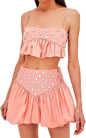 Wuitrie Women 2 Piece Outfits Sleeveless Crop Top Mini High Waisted Pleated Skirt Set for Summer Party Club Going Out
