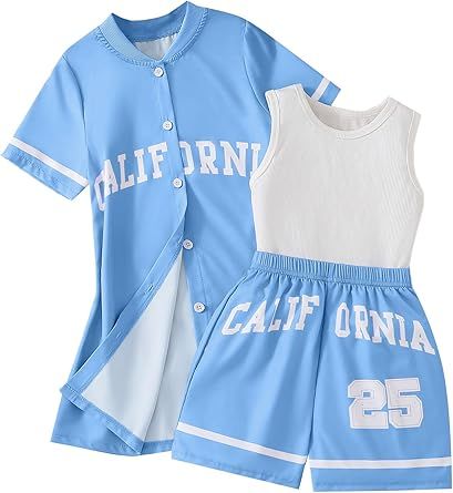 Hilinker Girls 3 Piece Outfits Graphic Tank and Short Sleeve Cardigan with Shorts Set