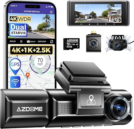 AZDOME M550 Max 4K 3 Channel Dash Cam, Dual STARVIS Sensors, 4K+2.5K+1080P Front and Rear Inside Triple Car Camera, Built-in WiFi GPS, 64GB Card Included, IR Night Vision (M550 Max)