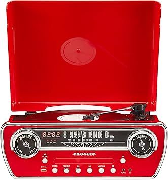 Crosley CR6047A-RE Powel 7-in-1 Bluetooth in/Out Vinyl Record Player with AM/FM Radio, CD Player, and Aux-in, Red