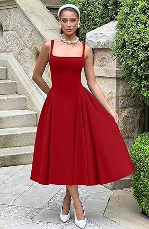 Memoriesea Women's Elegant Square Neck Swing A Line Wedding Evening Party Midi Dress