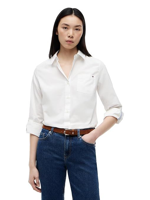 Tommy Hilfiger Womens Cotton Poplin Long Sleeve Button Down Shirt in Regular Fit with Roll Up Sleeve