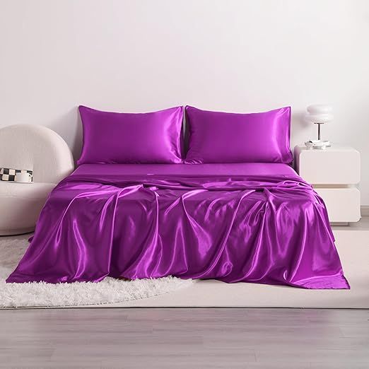 100% Mulberry Silk Sheet Set - 22 Momme Grade 6A, 16-18 Inch Deep Pocket, Indulgent Sheets for Dreamlike Comfort, Full XL-Purple