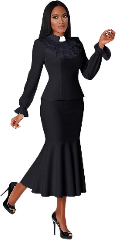 Tally Taylor Women’s 2-Piece Church Set – Formal Ruffle Top with Clerical Collar & Skirt – Elegance in Black or White – 4601