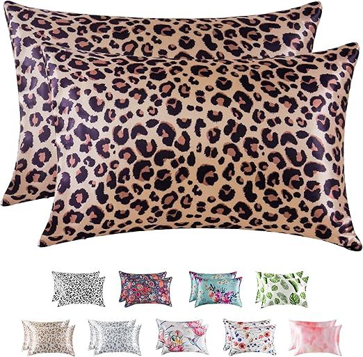 MR&HM Satin Pillowcase for Hair and Skin, Silk Satin Pillowcase 2 Pack, Queen Size Pillow Cases Set of 2, Silky Pillow Cover with Envelope Closure (20x30, Brown Leopard)