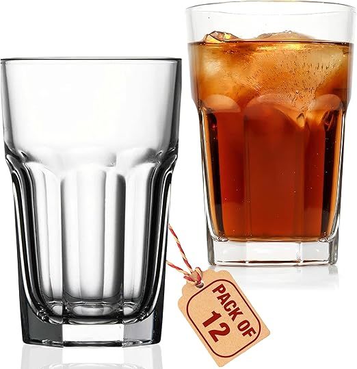 Drinking Glasses Set of 12, 12.5 oz Water Glasses – Durable Glassware for Juice, Milkshake, Coffee Glasses, Beer Glasses, Cocktail Tumblers, Heavy Base, Dishwasher Safe Kitchen & Party Use