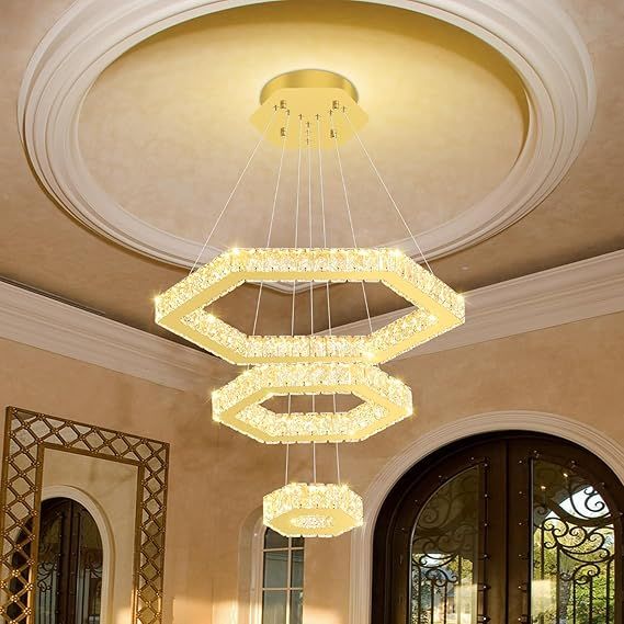 Modern LED Ring Crystal Chandeliers Height Shape Adjustable Pendant Light for Dining Room Bedroom Living Room Dimmable Gold 8in+16in+24in