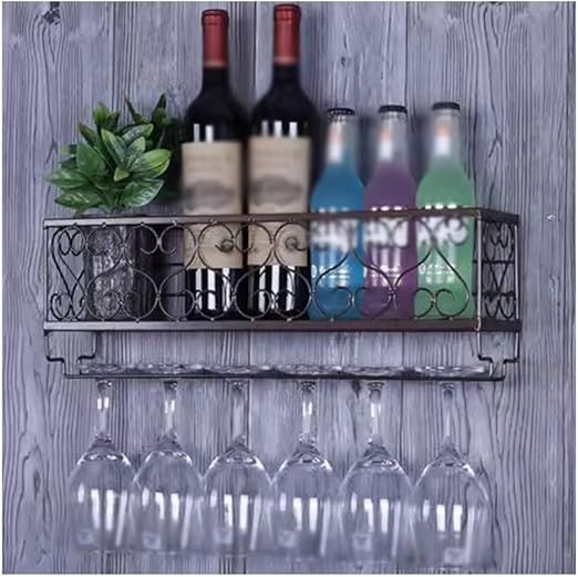 Zfmnoyev Wine Glass Rack,Wall Mounted Iron Wine Bottle Storage Rack Wood Shelf Rustic Bottle Floatin,Shelves Stemware Hanger, Photos Display Storage Holder (Color : Brown, Size : 80x10x17cm)