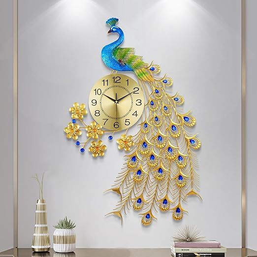 Large Peacock Wall Clock 31.5 inch Metal Design Non-Ticking Silent Art Digital Wall Clocks for Living Room Decor Gold