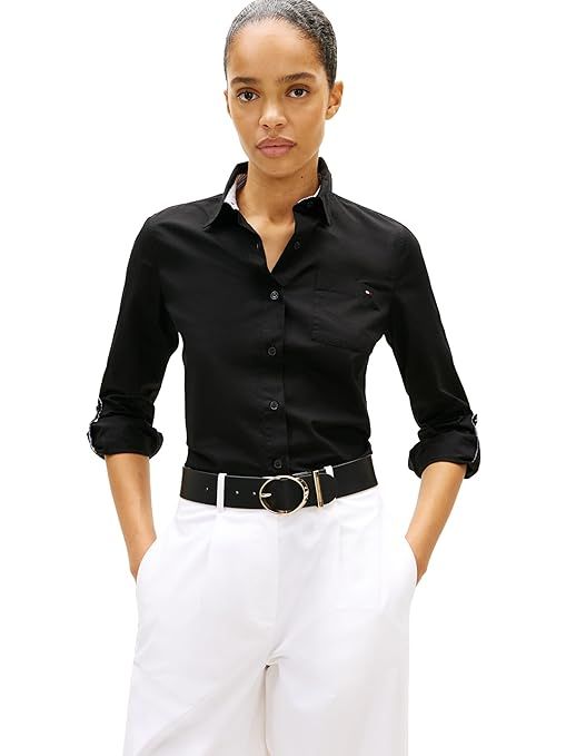 Tommy Hilfiger Womens Cotton Poplin Long Sleeve Button Down Shirt in Regular Fit with Roll Up Sleeve