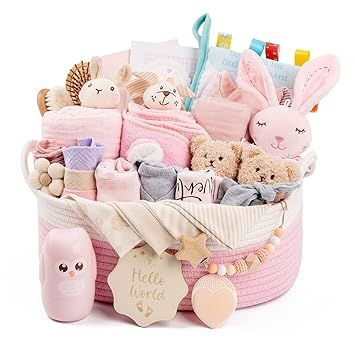 30 Piece Baby Gift Basket – Luxury Curated Baby Girl Gift Basket for Newborn, Premium All-in-One Baby Shower Gift Set, Essentials with Keepsakes for First Moments（Pink）