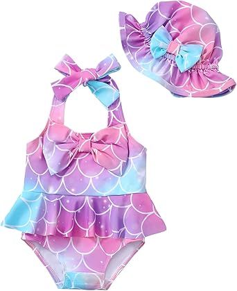 Kucnuzki Baby Girl Swimsuit Newborn One Piece Bathing Suit Bow Tie Bikini Tankini Infant Swimwear with Hat