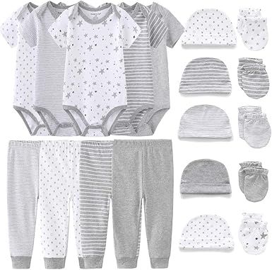 About this item  •  Soft, gentle and comfortable on baby's skin  •   Set includes five bodysuits, four pants, five cap,and five mittens •   Optimal for everyday use-Christmas Gifts •   Made with 100% cotton (exclusive of decoration) •   Affordable, high q