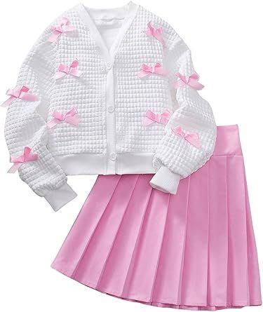 Girl's 2 Piece Outfit Y2k Bow Cardigan V Neck Long Sleeve Jacket Pleated Mini Skirt Set