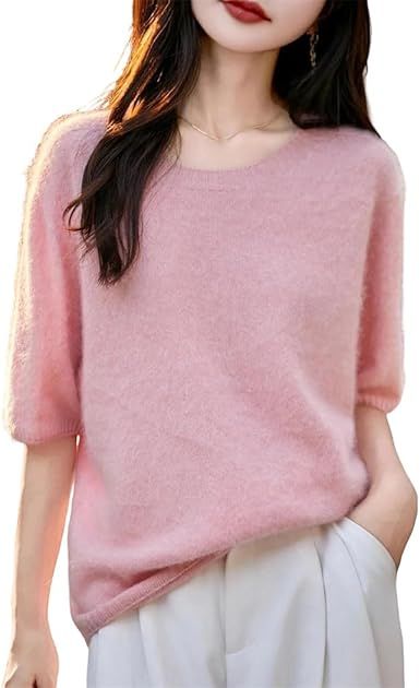 Women's Short Sleeve Crewneck Pullover Merino Wool Seamless Knit Top Soft Warm Casual Autumn Winter T-Shirt