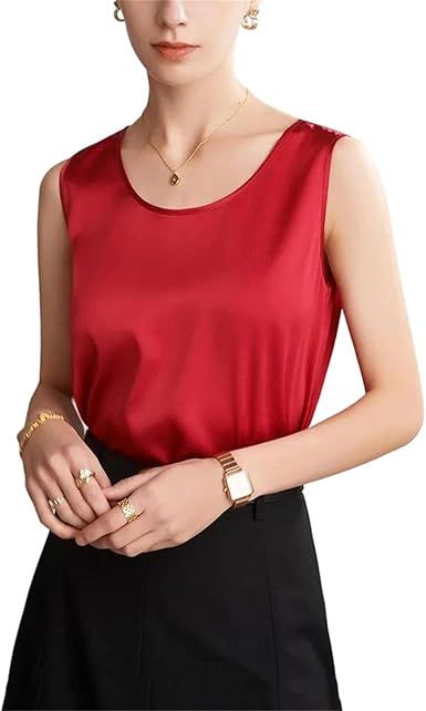 Women's Silk Blouse Summer O Neck Sleeveless Lightweight Soft High Street Style Casual Tank Tops