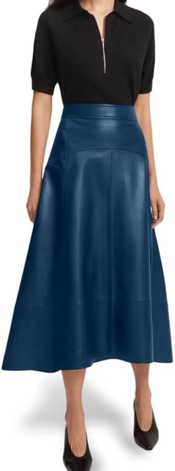 Jild Real Lambskin Leather Skirts for Women High Waist Classical Mid Length Going Out Skirt with Stylish Patchwork