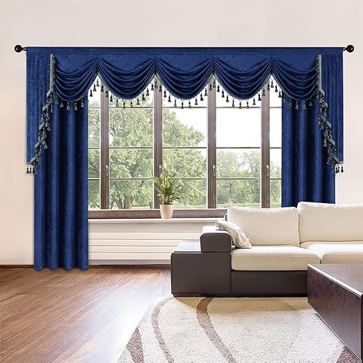 ELKCA Thick Chenille Window Curtains Valance for Living Room Royal Blue Waterfall Valance for Bedroom,1 Panel (Royal Blue, W138)