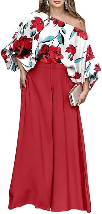 CHICME Women Summer 2 Piece Outfits Off Shoulder Lantern Sleeve Top Flowy Wide Leg Pants Set