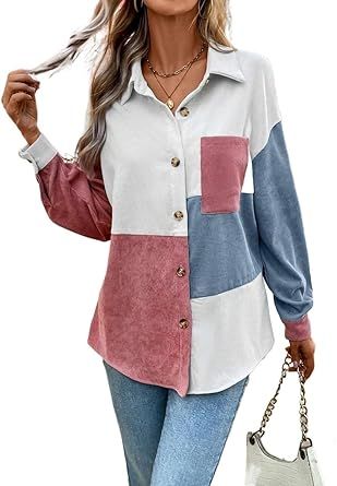 Solid Colorblock Button Front Long Sleeve Casual Shirt Womens Casual Business Fashion Tops