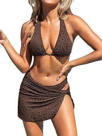 CUPSHE Women's Bikini Sets Three Piece Swimsuit V Neck Textured Halter Back Self Tie Twist Sarong Low Rise