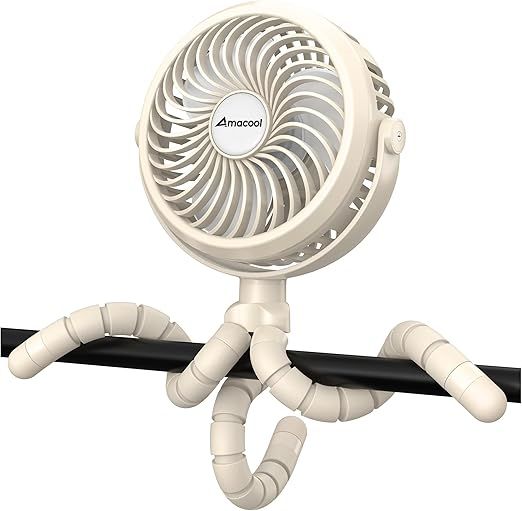 AMACOOL Battery Operated Stroller Fan, Baby Travel Essentials for Beach Disney, Newborn Boy & Girl Showers Gifts Registry Search, Rechargeable Clip On Fan for Car Seat Wagon Crib Bike Treadmill