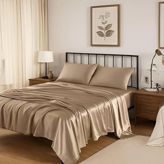 100% Mulberry Silk Sheet Set - 22 Momme Grade 6A, 16-18 Inch Deep Pocket, Indulgent Sheets for Dreamlike Comfort, Full XL-Taupe