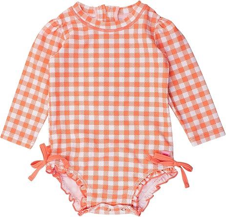 RuffleButts Baby Girls UPF 50+ Sun Protection Gingham Printed Long Sleeve One Piece Rash Guard Swimsuit with Zipper