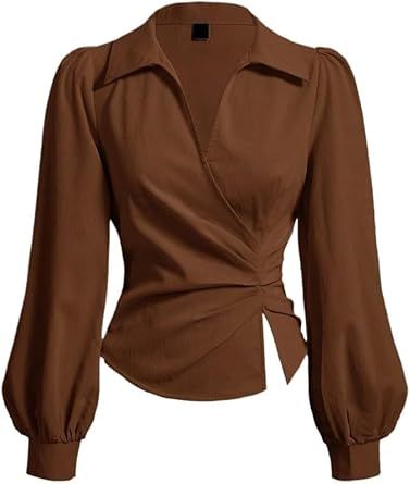 Shirts for Women Business Solid Color Lantern Sleeve Ruched Waist Slit Hem Blouse Work Office Outfits