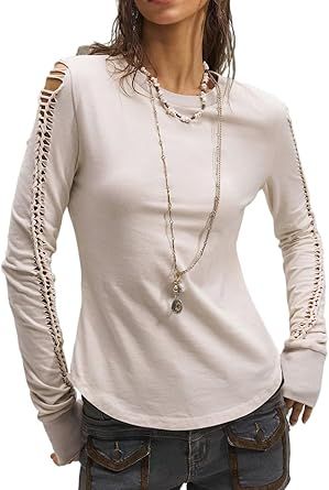 T Shirts for Women, Knit Crew Neck Long Sleeve Fit T-Shirt, Autumn/Winter