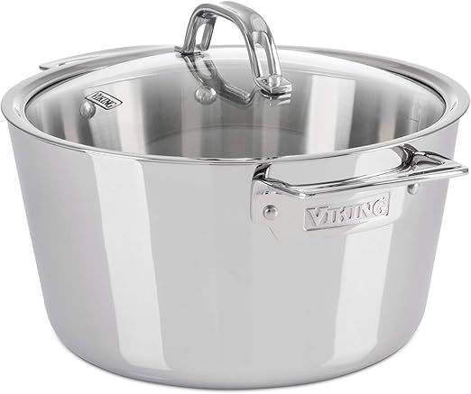 Viking Contemporary 3-Ply Dutch Oven, 5.2 Quart Stainless Steel Cookware Pot with Glass Lid, Dishwasher and Oven Safe, Induction Ready, Silver