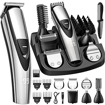 SHPAVVER Beard Trimmer for Men: Professional Barber Hair Clippers - 12-in-1 Cordless Grooming Kit - Waterproof Electric Razor with Turbo Speed & Precision Blades, Silver