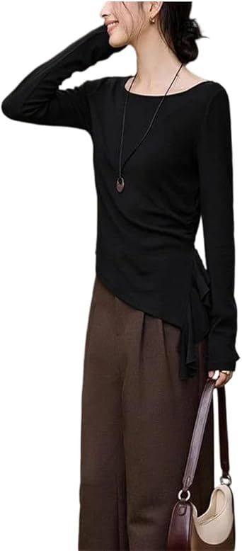 Women Slash Neck Asymmetric Ruffle Long Sleeve Top