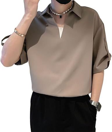 Khaki Color V-Neck Shirt Men's Short Sleeved T-Shirt Casual Top