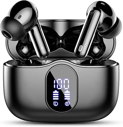 Wireless Earbuds, Bluetooth 5.4 Headphones Bass Stereo, Ear Buds with Noise Cancelling Mic, LED Display in Ear Earphones Clear Calls, IP7 Waterproof Bluetooth Earbuds for Phones/Sports/Laptop, Black