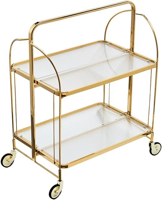 2-Tier Folding Glass Carts, Sofa Side Table, Small End Tables with Glass Top，Metal Frame, Hotel Trolley for Dining Room Kitchen Bedroom(Gold)