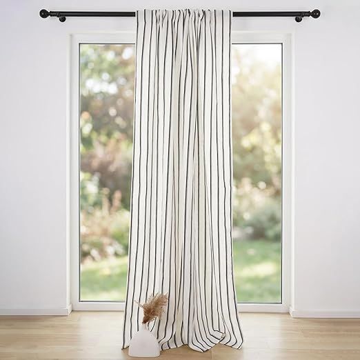 100% Linen Striped Curtains for Living Room, 52 x 63 Inch Rod Pocket Window Curtain for Sliding Glass Door Bedroom Dining Room 1 Panel, Black